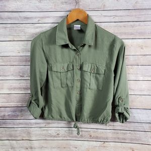 90's Vintage Cargo Olive Crop Jacket Button Top Shirt Cropped Safari Y2K Shacket